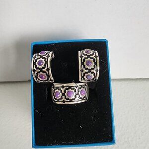Round Purple Turquoise and Black Enamel Ring and Earrings Set. Ring Size 12